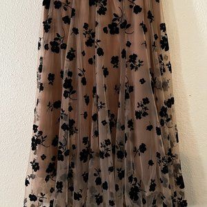 3D Posy Double-Layered Mesh Midi Skirt in Caramel